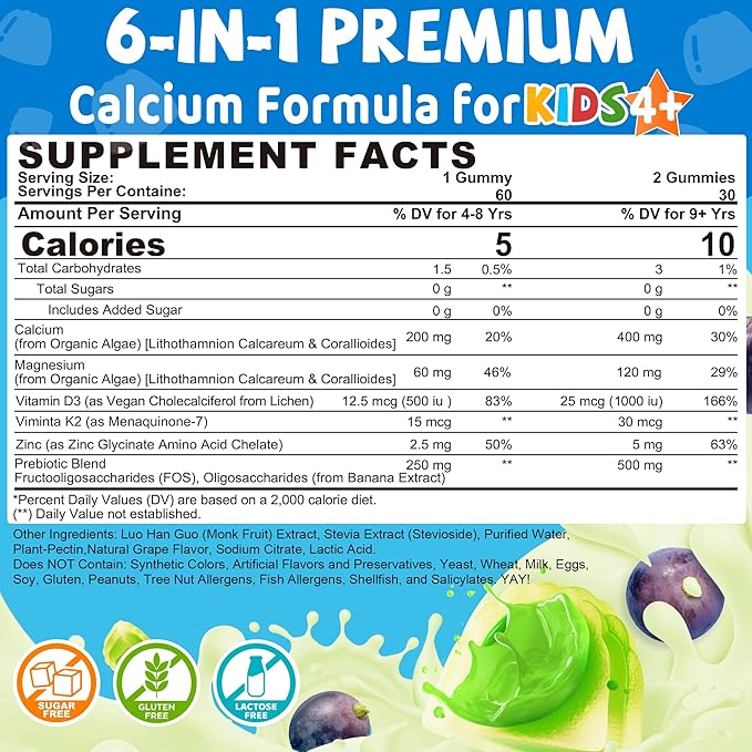 Kids Calcium Gummies + Vitamin D3 K2 Magnesium Zinc Extra Absorption Algae Calcium Supplement For Kids Gentle to Stomach Bone Teeth Muscle Brain Sugar Free Chewable Kids Vitamins 4+ 60 Counts