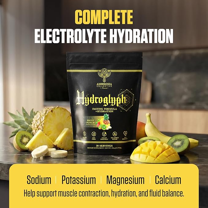 Ambrosia Hydroglyph Intraworkout Electrolytes Hydration Drink Mix | Sugar Free Electrolyte Powder with Amino Acids | Supports Lean Muscle During Fasting | 30 Servings | Fruit Punch