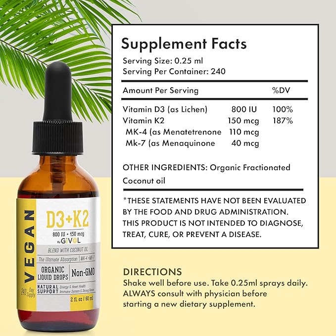 Vitamin D3+K2 Liquid Drops (MK4 &amp MK7) Organic Fractionated Coconut Oil and Vitamin C Extra Strength Spray Mist: Daily Absorption Liquid Extract Essential Protein Support Optimizes Wellness Bene