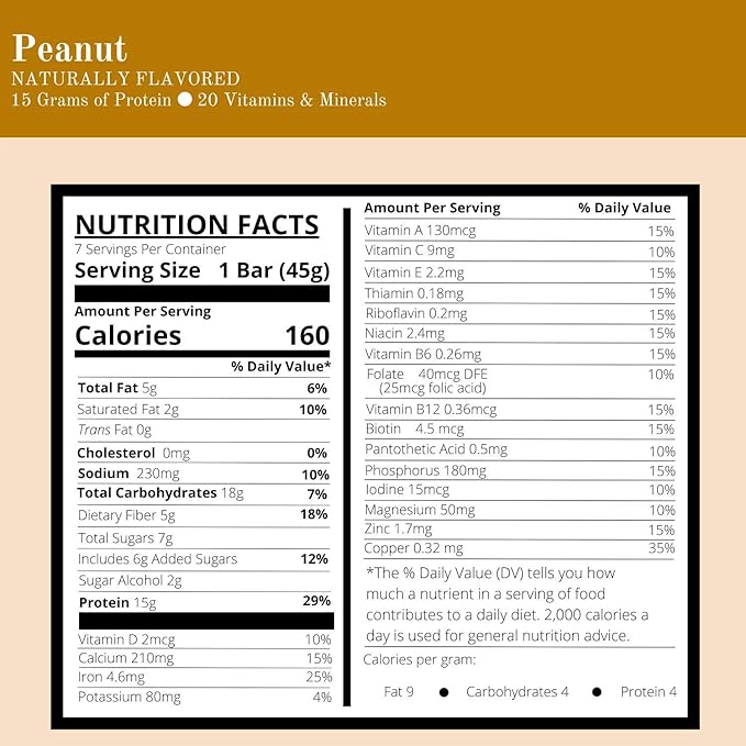 Nutmeg State Nutrition - High Protein Snack Bars 15g Protein 160 Calories Low Sodium 18g Carbs 5g Fiber 7 Servings Per Box (Peanut)