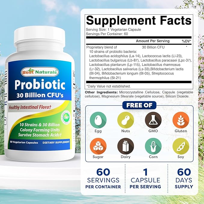 Best Naturals Probiotic 10 Strains &amp 30 Billion CFU Intestinal Flora 60 Veggie Capsules (60 Count (Pack of 2))