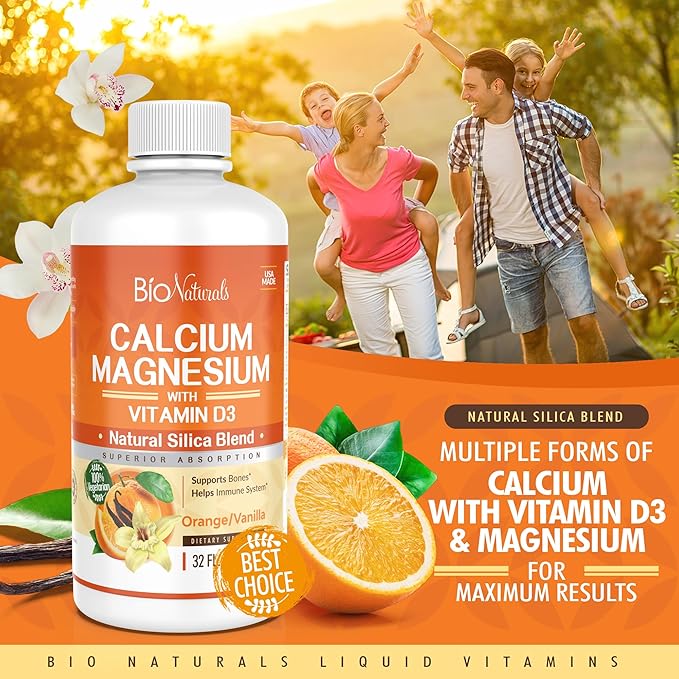 Bio Naturals Calcium &amp Magnesium Liquid Supplement with Vitamin D3 - Natural Formula FOUR Types of Calcium Supports Strong Bones with Superior Absorption to Pills - 100% Vegetarian - 32 fl oz
