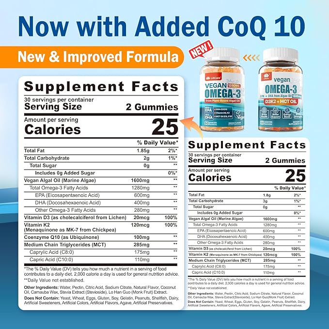 Vegan Omega-3 Gummies 1280mg + CoQ10 + Vitamin D3 K2 (MK7) Omega 3 Fish Oil Alternative for Adults w/EPA 600mg DHA 400mg &amp MCT Oil No Fish Taste from Marine Algae for Brain Eye Immunity 1 Pa