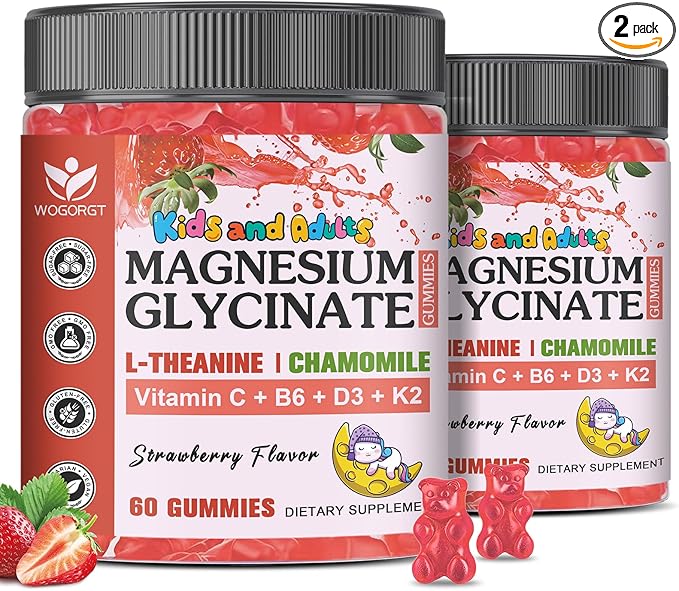 Magnesium Glycinate Gummies for Kids &amp Adults - Relaxation &amp Cognition Support - 400/200mg Magnesium Supplement with L-Theanine B6 D3 &amp K2 - Vegan Sugar Free Strawberry Flavor 60 Ct (