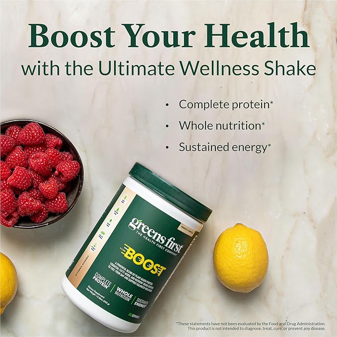Greens First Boost - Plant-Based Protein &amp Balanced Nutrition - Superfood Shake Mix - No Wheat or Soy - Dairy-Free - Vegan - Dutch Chocolate 12.28 oz.