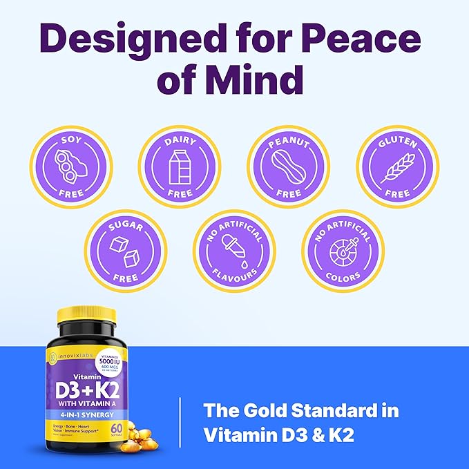 InnovixLabs Vitamin D3 K2-5000 IU Vitamin D3 Plus 600 mcg Vitamin K2 MK4 and MK7 for Max Calcium Absorption Supports Bone Immune Heart Health 3rd Party Tested Gluten Free 60 Softgels (Pack of 2)