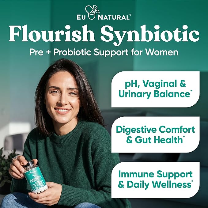 Flourish Probiotics + Prebiotics for Women – Gut and Digestion Urinary Tract Reduce Bloating Vaginal Health – 18 Clinically Proven Strains 14 Billion CFU – 30 Shelf-Stable Mini Vegan Capsules