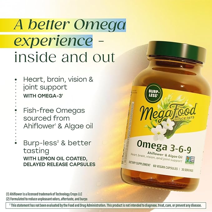 MegaFood Vegan Omega 3 6 9 - Burp-Less Supplement - 600 mg Plant-Based Omega 3 &amp 150 mg DHA Per Serving - Heart Brain Vision &amp Joint Support - Fish Oil Alternative - 60 Capsules 30 Servings