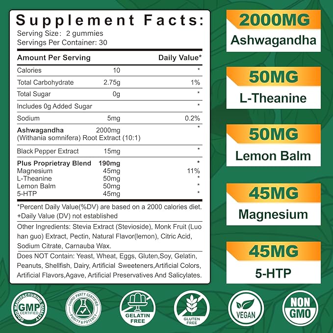 NEVISS Ashwagandha Gummies 2000mg Feel Refreshed Plus Proprietary Blend with 5-HTP L-Theanine Lemon Balm Magnesium for Calm Zzzs Mood Energy &amp Relaxation Support (1 Pack (60 Countss))