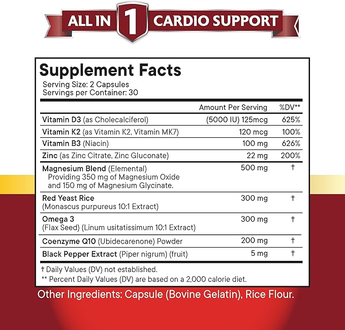 NEW AGE COQ10 200mg Red Yeast Rice 3000mg Omega 3-6-9 3000mg Magnesium Complex 500mg Zinc Vitamin K2 D3 - Vitamins for Women and Men with Vitamin B3 Coenzyme Q10-120 Count