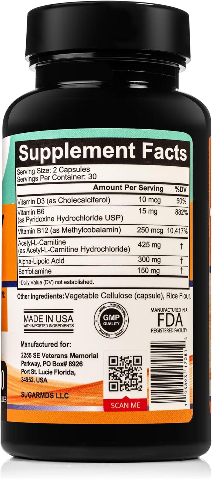 SugarMD Neuropathy Support Supplement – 60 Nerve Capsules with Alpha Lipoic Acid Benfotiamine &amp Vitamin D3 B6 B12 - Nerve Support for Feet Hands Fingers &amp Legs - 30 Day Supply