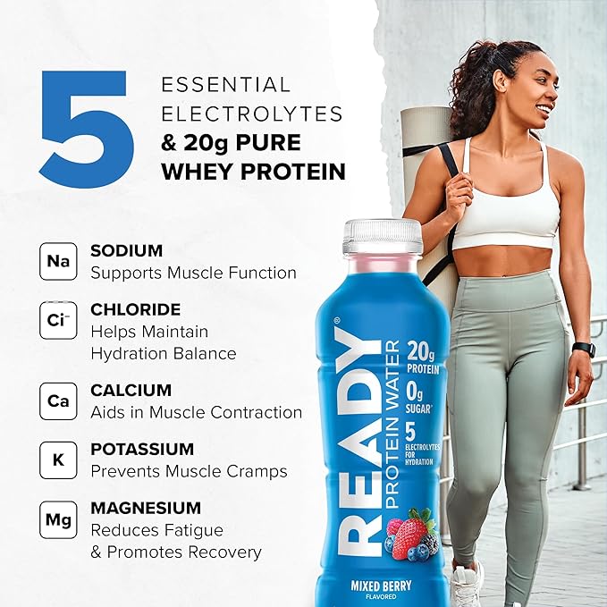 Ready® Clear Protein Water – 20g Whey Protein Isolate Zero Sugar Low-Calorie Sports Drink for Hydration &amp Recovery – Electrolytes Essential Amino Acids – Mixed Berry 16.9 fl oz Bottles (12-Pac