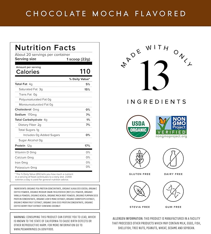 Truvani Protein + Energy Drink Mix with 87mg Caffeine | Chocolate Mocha | 12g Organic Plant Based Protein | 20 Servings | USDA Organic Coffee Powder &amp Adaptogens | Gluten &amp Dairy Free | Vegan