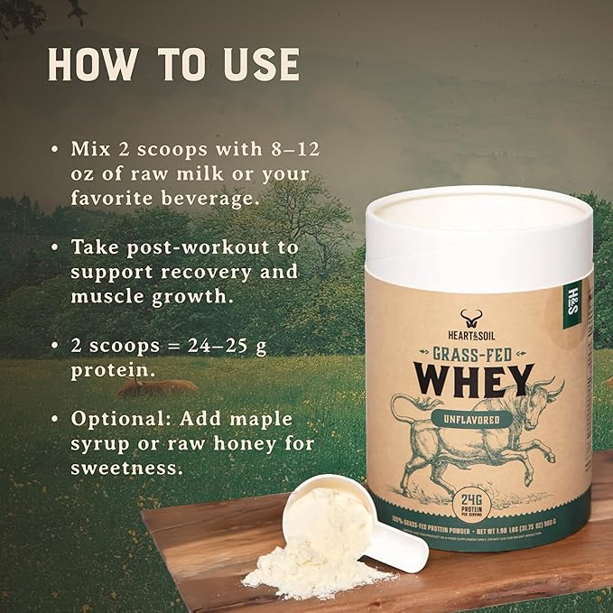 HEART &amp SOIL 100% Grass Fed Protein Powder – Single Ingredient: Whey Protein Concentrate - UNFLAVORED – Cold-Processed to Preserve Nutrients – 24g of Pure Grass Fed Whey Per Serving – 2lbs
