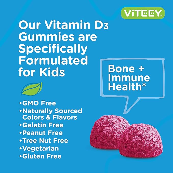 Viteey Vitamin D3 Kids Gummies 25mcg 1000 IU - Bone Health Immune Health Joint Muscle Support - Vegetarian Gelatin Free Gluten Free GMO Free - Tasty Chewable Berry Flavored