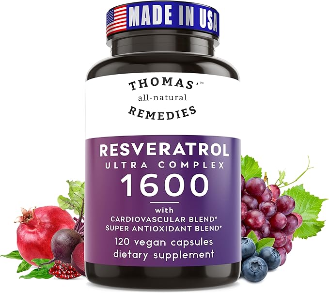Thomas' all-natural Remedies Resveratrol 1600mg Organic Trans-Resveratrol Antioxidant Supplement with Organic Grape Seed Extract and Quercetin- Anti-Aging and Cardiovascular Support- 120 Capsules