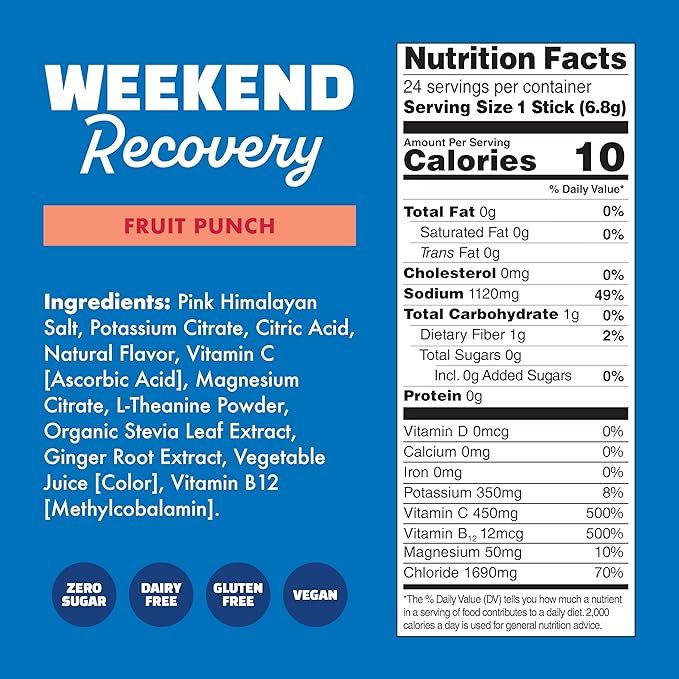 Waterboy Weekend Recovery | 3200mg Electrolyte Powder Packets | Ginger + L-Theanine + Vitamins | No Sugar All Natural Gluten Free | 24 Drink Stick Mixes (Fruit Punch)