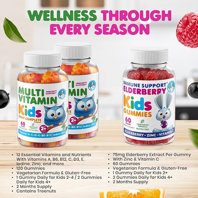 DR. MORITZ Elderberry Gummies for Kids (60 Count) and Kids Multivitamin Gummies Bundle (120 Count 2 Pack) - for Children’s Immune Support and Overall Health - Toddler Vitamins Supplement