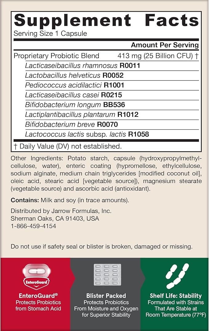 Jarrow Formulas Probiotics for Women and Men Digestive Health - Probiotic Nutritional Supplements Gut Health 25 Billion CFU 30 Capsules 30 Day Supply