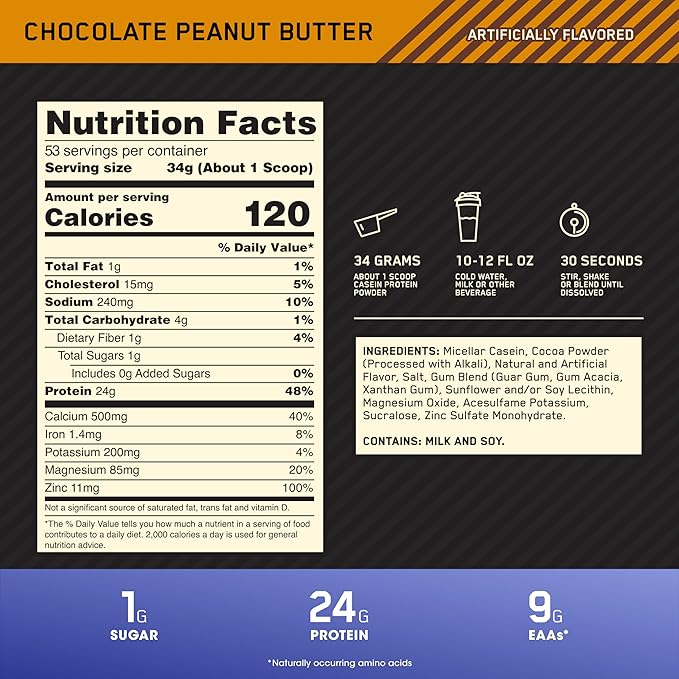 Optimum Nutrition Gold Standard 100% Micellar Casein Protein Powder Slow Digesting Helps Keep You Full Overnight Muscle Recovery Chocolate Peanut Butter 4 Pound (Packaging May Vary)
