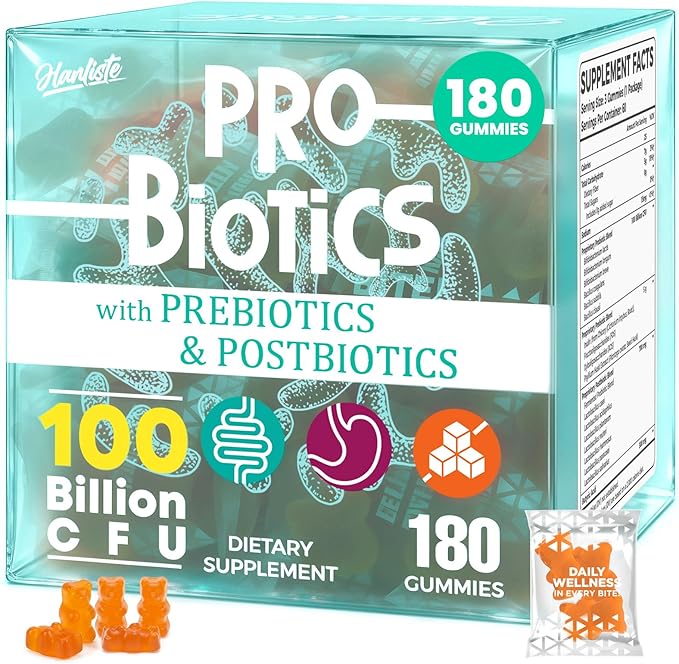 (180 Count) Probiotic Gummies 19 in 1 Prebiotics Postbiotic Probiotic Gummies 100 Billion CFU Probiotics for Women Men Complete Immune Gut &amp Digestive Support* Sugar Free Vegan