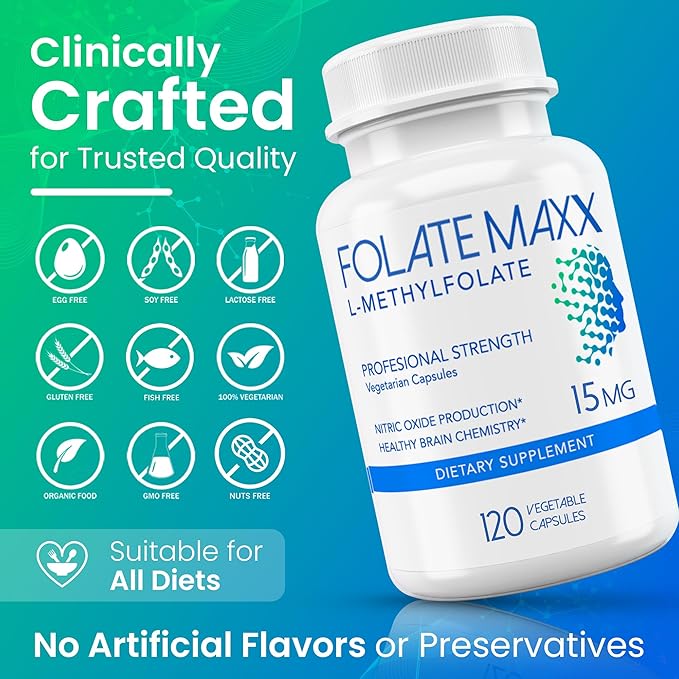 FolateMaxx L-Methylfolate 15mg 120 Capsules – Doctor Formulated Methyl Folate Supplement for Women &amp Men – High Potency 5-MTHF for Energy Mood &amp Focus – Non-GMO Gluten-Free (4-Month Supply)