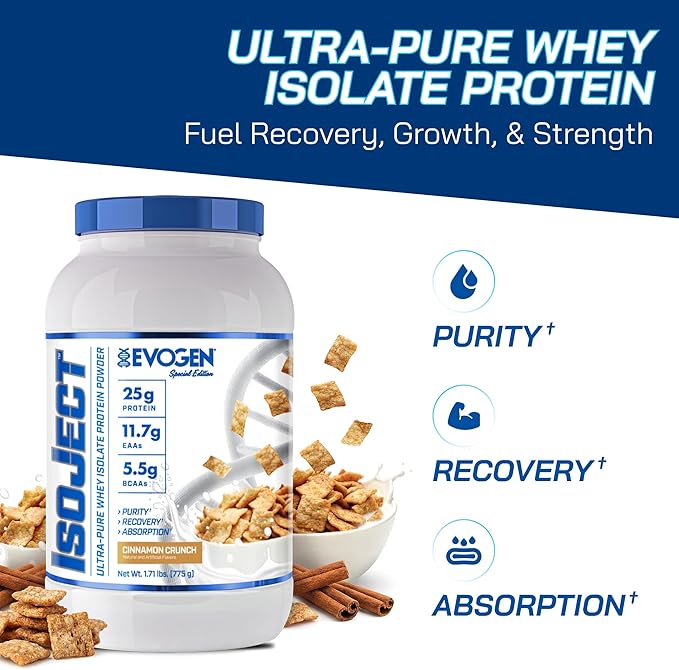 Evogen Isoject - Whey Protein Isolate | Ultra-Pure Whey Protein Powder with Ignitor Enzymes BCAAs and EAAs | Enhanced Absorption &amp Recovery | Cinnamon Crunch | 25 Servings