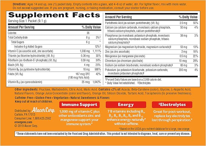 Emergen-C 1000mg Vitamin C Powder for Daily Immune Support Caffeine Free Vitamin C Supplements with Zinc and Manganese B Vitamins and Electrolytes Super Orange Flavor - 90 Count/3 Month Supply