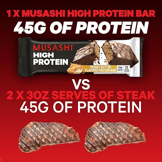 MUSASHI High Protein Bar 45g Protein 2g Total Sugars Peanut Butter &amp Milk Chocolate Coated Post Workout and Protein Snack On The Go 12 Pack of 3.2oz (90g) Bars
