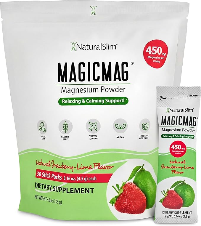 NaturalSlim Magicmag Pure Magnesium Citrate Powder – Stress Constipation Muscle and Heart Support | Magnesium Supplement Drink Mix Strawberry Lime 0.16 Ounce