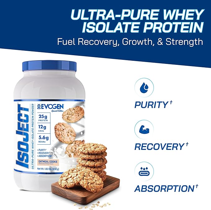 Evogen Isoject - Whey Protein Isolate | Ultra-Pure Whey Protein Powder with Ignitor Enzymes BCAAs and EAAs | Enhanced Absorption &amp Recovery | Oatmeal Cookie | 25 Servings