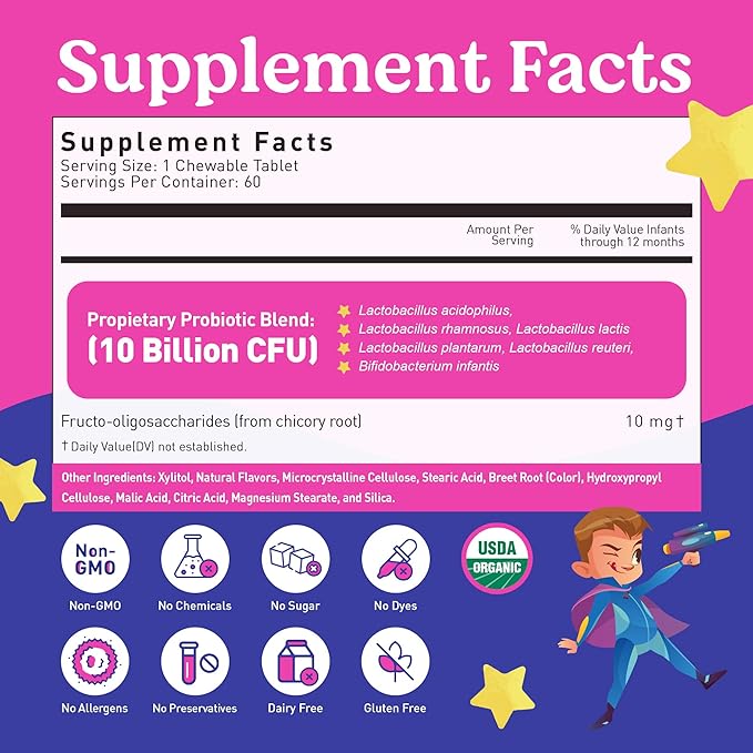 LOVEBUG Probiotics for Kids – Probiotic Chewables with Prebiotic Fiber for Age 4+Daily Children's Gut Health &amp Digestive Support Supplement Sugar-Free Berry Flavor 60 Count