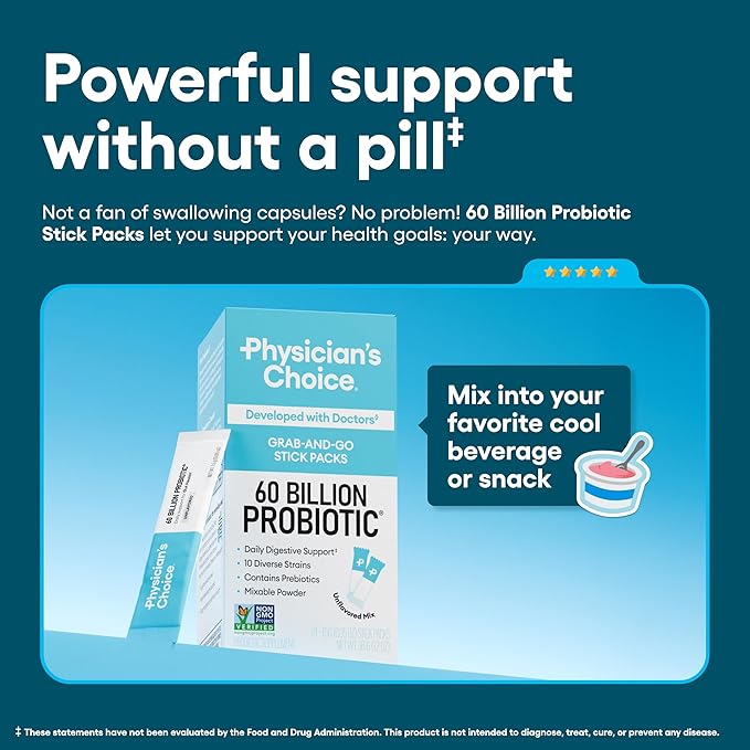 Physician’s Choice 60 Billion CFU Probiotic Stick Packs - 10 Strains + Prebiotics - Immune Digestive &amp Gut Health - Supports Occasional Constipation Diarrhea Gas &amp Bloating - for Women &amp
