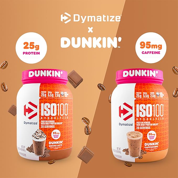 Dymatize x Dunkin' Cappuccino ISO100 Whey Protein Powder 95mg Caffeine 25g of Protein5.5g BCAAs 120 Cal. Gluten Free 1g Fat 1g Sugar 2g Carb (20 Servings)