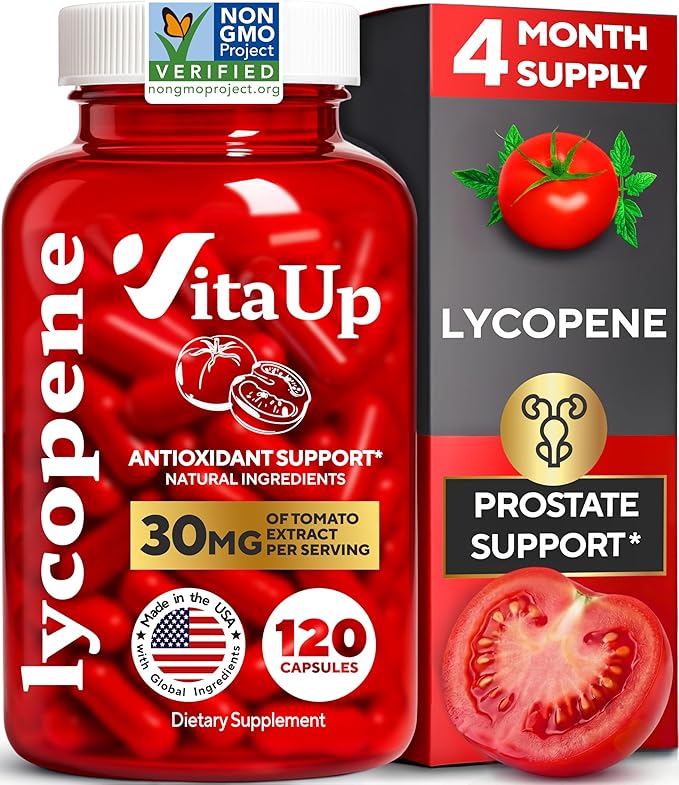 Lycopene Supplements for Men – USA Made Prostate Supplements for Men with Natural Tomato Extract – Non-GMO Lycopene Supplement for Normal Prostate Skin &amp Antioxidant Support – 120 Count
