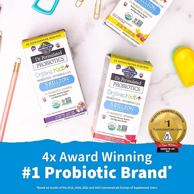 Garden of Life Dr. Formulated Probiotics Mood+ Acidophilus Probiotic Supplement - Promotes Emotional Well-Being &amp Dr. Formulated Probiotics Organic Kids+ Plus Vitamin C &amp D - Berry Cherry - Gl