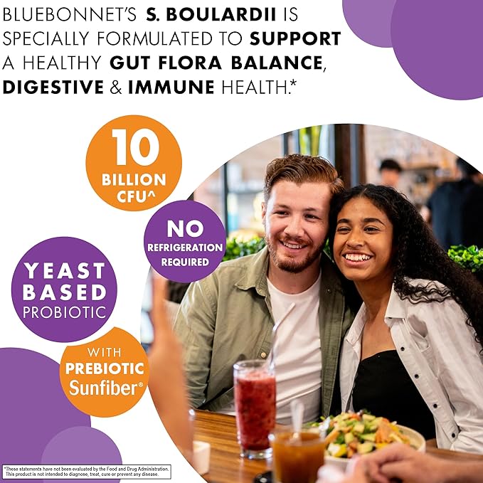 BlueBonnet Nutrition S. Boulardii Probiotic 10 Billion CFU^ w/Prebiotic Sunfiber – Shelf Stable - for Women &amp Men Digestion Gut Mood* - Non-GMO Vegan Free of Gluten Dairy &amp Soy - 30 Servi