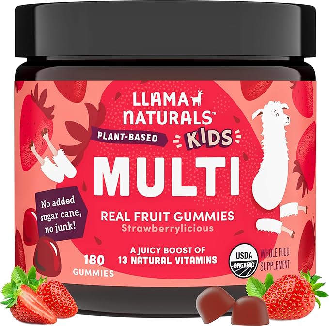 Llama Naturals Kids Multivitamin Gummies | Real Fruit No Added Sugar Cane | Organic Vegan Toddler Whole Food Vitamins | Vitamin D C &amp Beta Carotene Gummy Supplement | Strawberry 180 Ct (2-3 Mont