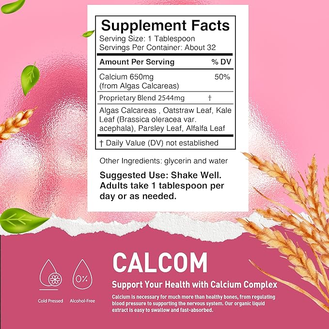 Calcom Calcium Complex – Calcium Magnesium Amino Acid &amp Herbal Blend - Alcohol-Free Oral Calcium Drops - Liquid Calcium Supplement for Bones and Teeth – Vegan Mineral Liquid 16 Oz