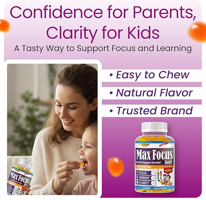 Max Focus Gummies for Kids &amp Teens with Omega 3 DHA – Brain Focus Supplement for Kids Memory Attention Concentration &amp Clarity Support – Delicious Orange Flavor – 60 Gummies