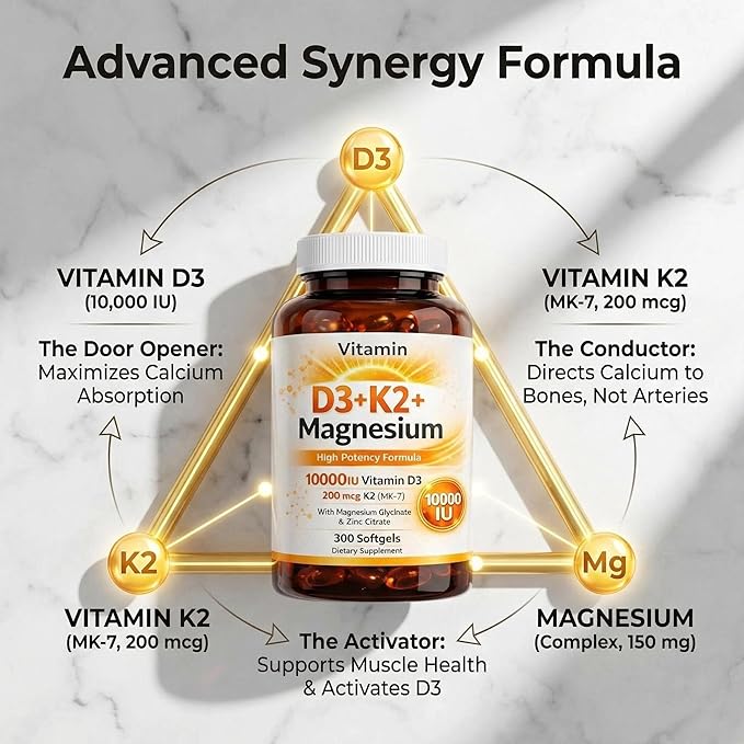 Vitamin D3 K2 Magnesium Bone &amp Muscle Support 10000 IU D3 with 200 mcg K2 MK-7 Magnesium Glycinate &amp Zinc Citrate 300 Softgels