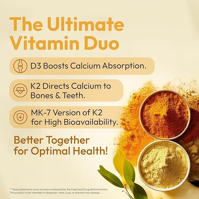 Vitamin D3 K2 5000 IU with MK7 (180 mcg) | Natural Supplement for Bone Strength Heart Health and Immune Support | Vegan Capsule | 60 Servings