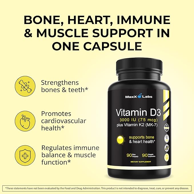 Vitamin D3 K2 3000 IU - with Vitamin K as MK-7 from Natto - High Potency Vitamin D Supplement Support Healthy Bones Teeth Heart &amp Immune Function Gluten-Free - 90 Capsules