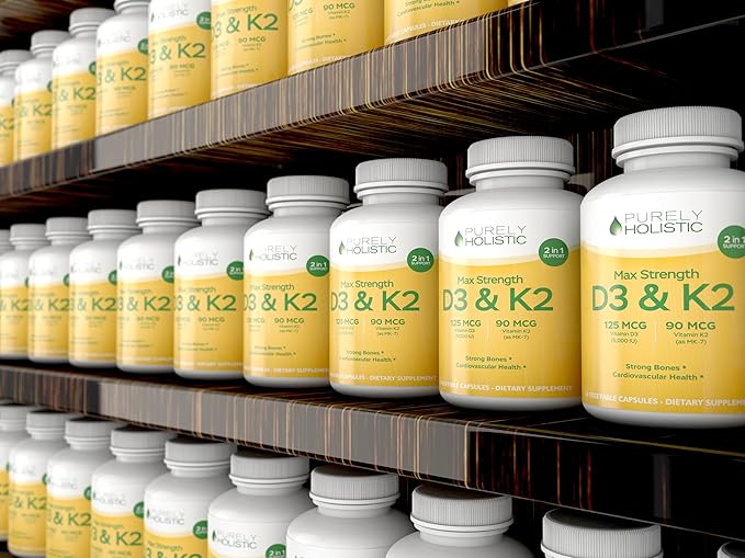 Purely Holistic Vitamin D3 125mcg and Vitamin K2 90mcg MK7-4 Month Supply 150 Vegetarian Capsules - Vitamin D3 &amp K2 Menaqunione - High Strength Cholecalciferol Made in The USA