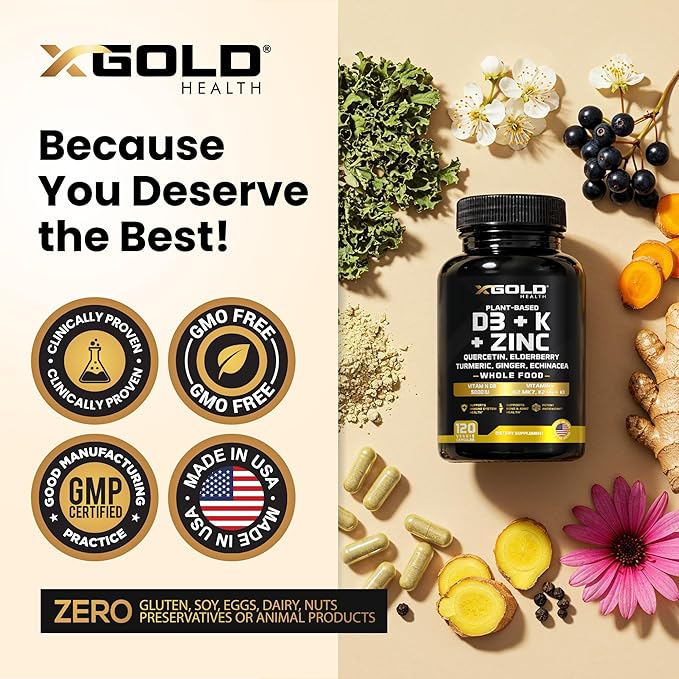 Vitamin D K2 K1 Zinc Quercetin Elderberry Turmeric Ginger &amp Echinacea Whole Food Supplement 8 in 1- D3 5000 IU Plant-Based from Lichen Vitamin K (K2 MK7 MK4 K1) D3 K2 Vitamins -120 Caps