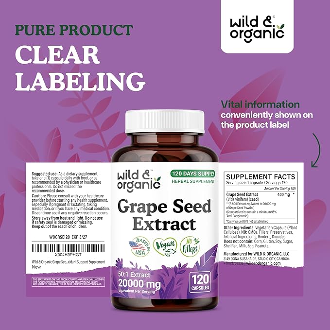 Wild &amp Organic Grape Seed Extract Capsules - 20000 mg Strength Grapeseed Extract Equivalent - 95% Polyphenols - 400 mg per Serving - 120 Vegan Capsules - 4 Month Supply - Non-GMO