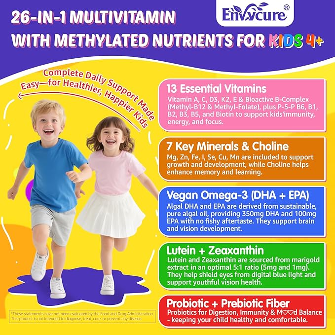 Kids Multivitamin Gummies with Iron 450mg Algae Omega-3 Methylated B12 Folate Fiber 2g Probiotics Magnesium A C D K Zinc Children Vitamins for Growth Brain Eye Gut Immune Sugar Free