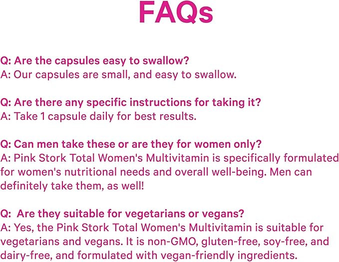Pink Stork Total Women's Multivitamin - 19 Essential Vitamins for Women &amp Nutrients – Energy Metabolism Hormone Immune &amp Mood Support – B6 B12 Biotin Iron &amp Zinc – 30 Capsules