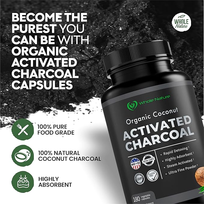 Pure Coconut Activated Charcoal Capsules - 180 Charcoal Pills Helps with Teeth Whitening Bloating and Body Cleansing. Non-GMO - Gluten Free Vegan
