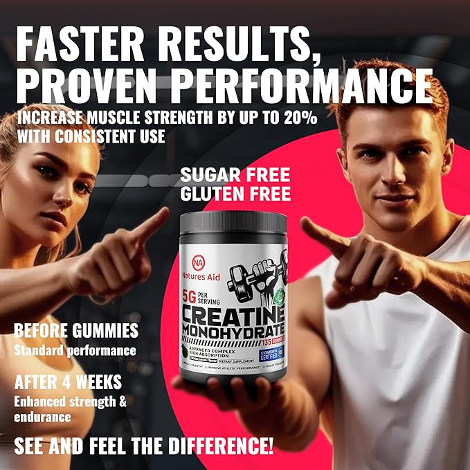 Natures Aid NSF Certified Creatine Gummy 5g - Creatine Monohydrate Gummies – Pre-Workout Energy &amp Muscle Growth Support for Men &amp Women | Watermelon Electrolyte Gummies (135 Count)